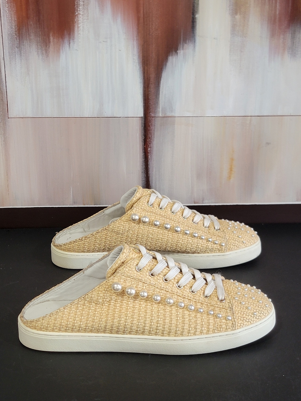 Stuart Weitzman Beige Pearl-Embellished Woven Slip-On Mules